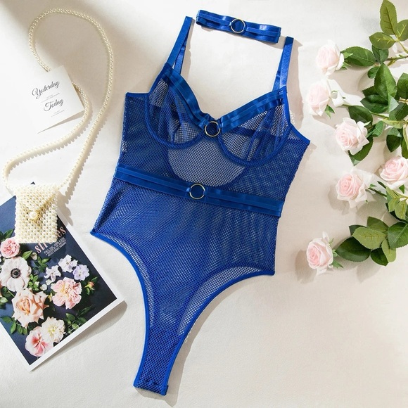 LAST ONE! Blue Fishnet Choker Bodysuit - Picture 6 of 16